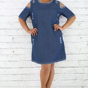 Plus Size Distressed Cold Shoulder Denim Dress